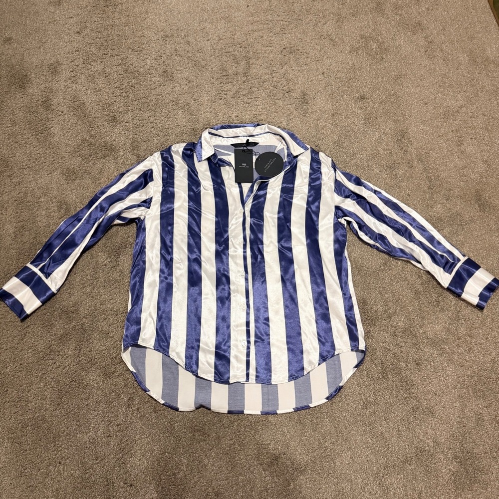 WithBlack WBLZOE LS Stripe Shirt Blue White Satin Button‎ Down XS NWT